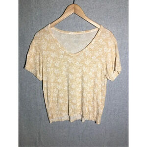 Womens American Eagle Top V Neck Soft and Sexy Tan White Floral Summer Stretchy